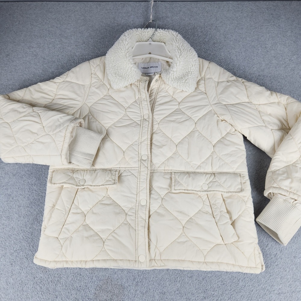 Urban Revivo Quilted Jacket Womens 2 Cream Borg Collar Snap Front Outerwear
